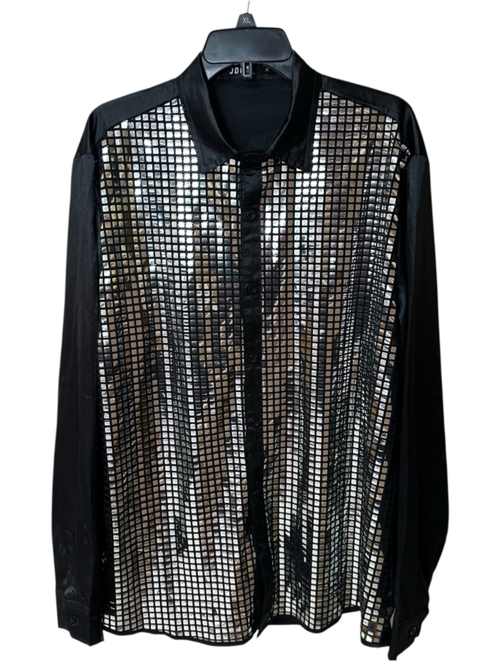Jogal Men's Black Button-Down Shirt with Silver Sequin Grid XL
